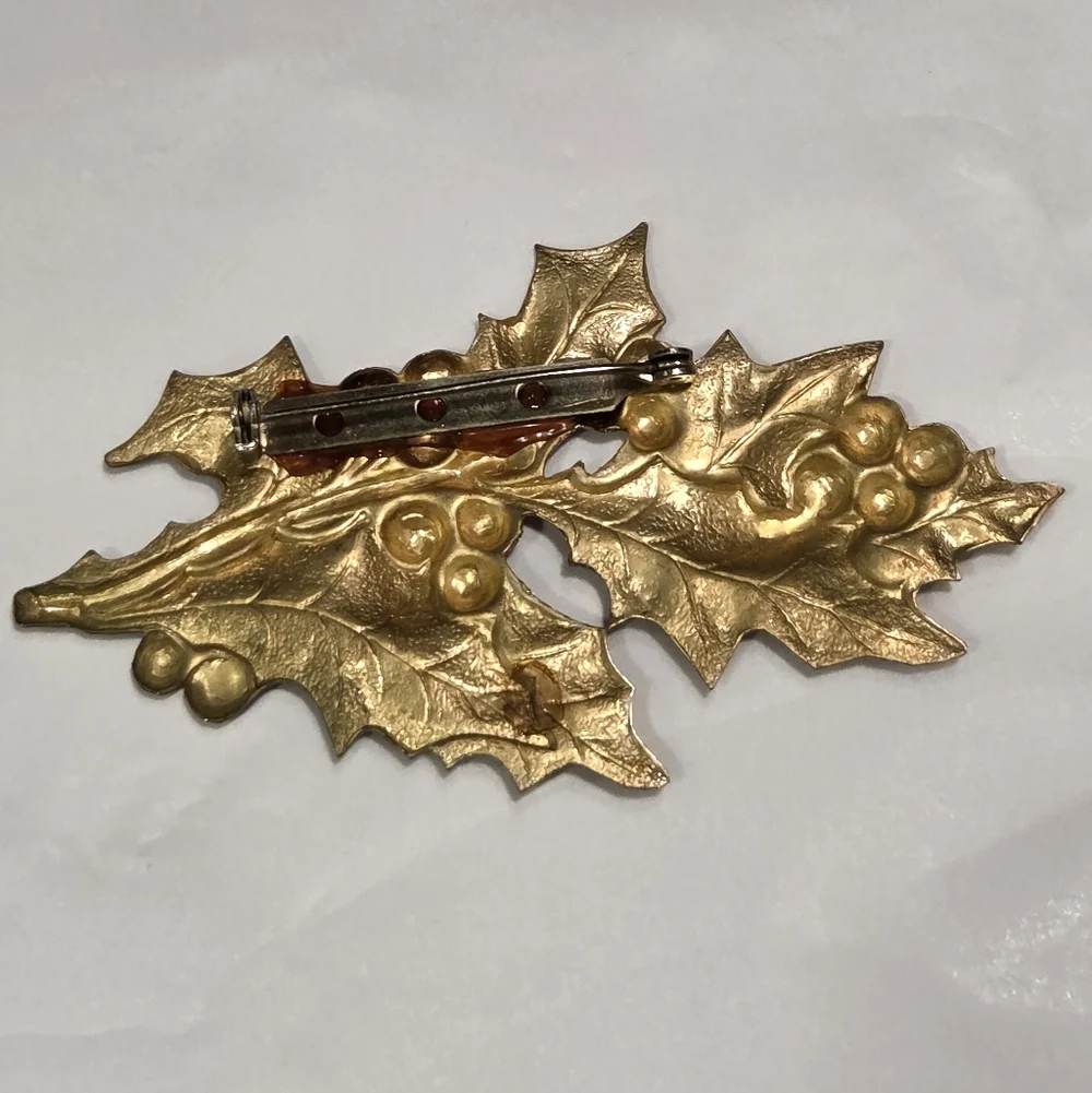 Vintage Goldtone Holly Berry Branch Brooch